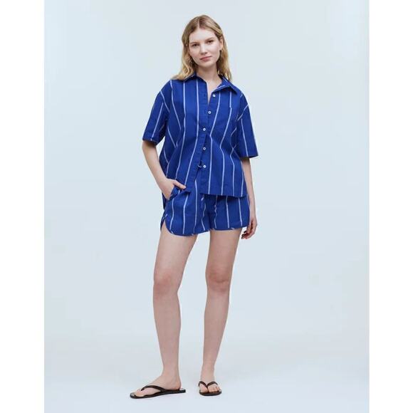 Madewell Signature Poplin Top Striped Oversized Boxy Button Up  Pure Blue NWT S - Picture 3 of 11